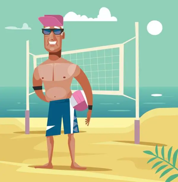 Vector illustration of Happy smiling old man play beach volleyball