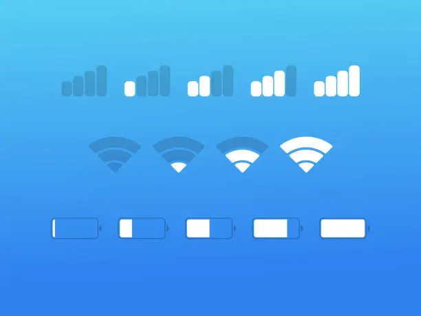 Vector illustration of Mobile interface icons, battery power charge, wi-fi signal, mobile connection signal level icons set.