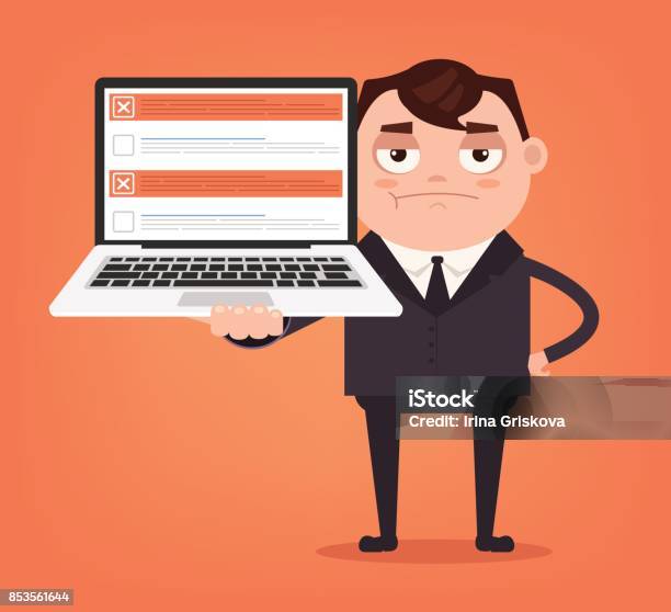 Angry Upset Businessman Office Worker Man Character Hold Laptop With Checkboxes Stock Illustration - Download Image Now