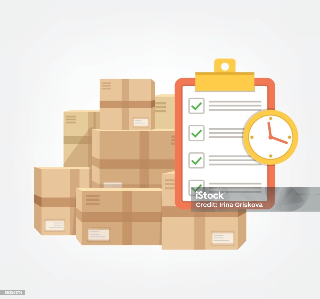Package box with check list and clock in time.  Logistic fast online delivery concept web icon Package box with check list and clock in time.  Logistic fast online delivery concept web icon.  Vector flat cartoon illustration Box - Container stock vector