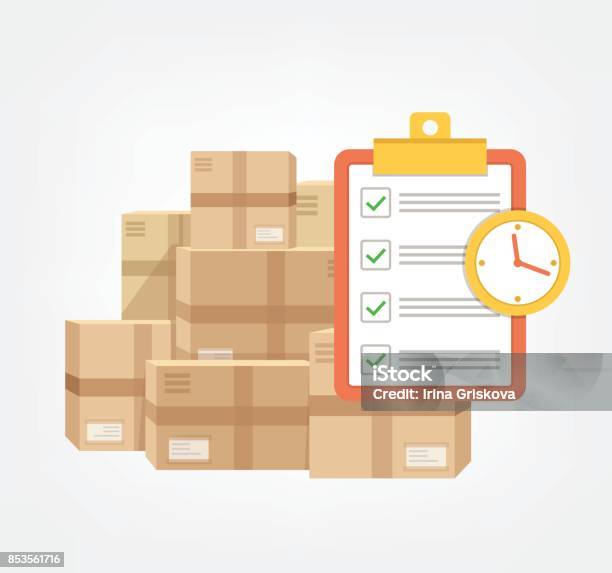 Package Box With Check List And Clock In Time Logistic Fast Online Delivery Concept Web Icon Stock Illustration - Download Image Now