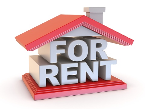 FOR RENT house sign side view 3D render illustration isolated on white background