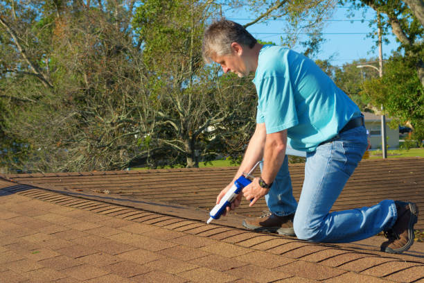 istock Homeowner patching roof with caulk gun protection from rain storms 853573418