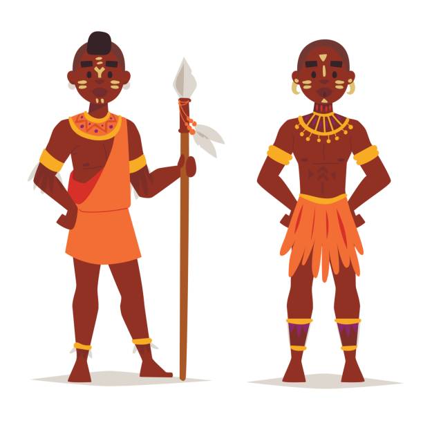Maasai african people in traditional clothing happy person families vector illustration Maasai couple african people in traditional clothing happy person families vector illustration. Family american adult ethnic men. african warriors stock illustrations