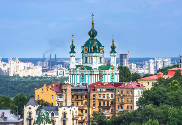 Panorama of Kiev and St. Andrew's Church Panorama of Kiev and St. Andrew's Church onion dome stock pictures, royalty-free photos & images