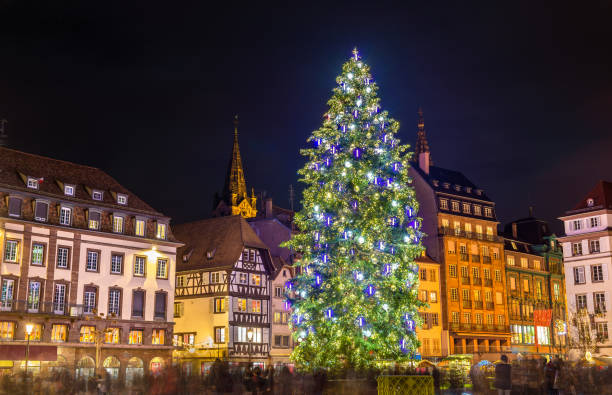 albero di natale al famoso mercato di strasburgo, francia - strasbourg france cathedrale notre dame cathedral europe foto e immagini stock