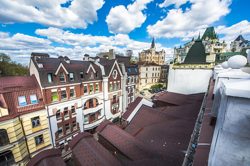 Vozdvizhenka elite district in Kiev, Ukraine . Top view on the roofs of buildings.