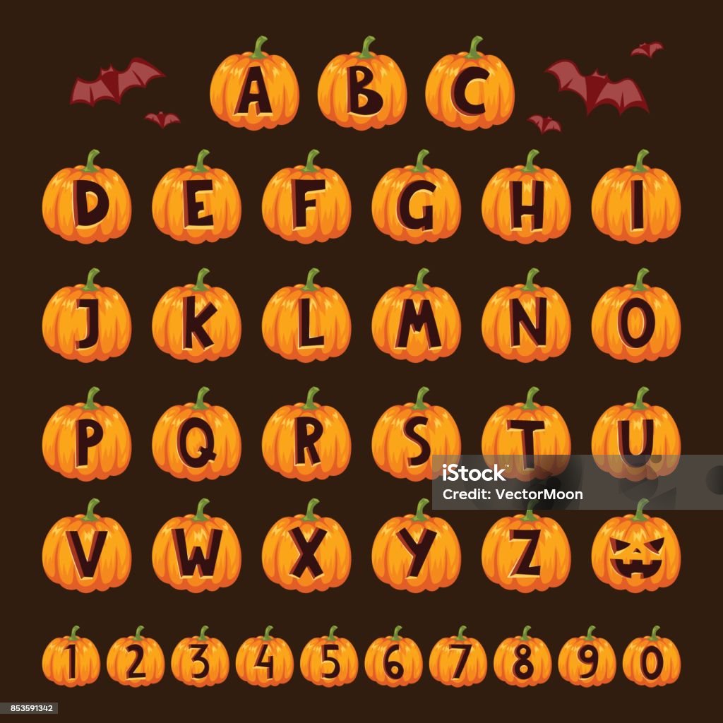 Ilustración de Símbolos De Texto Halloween Calabaza Fuente Alfabeto Vector  Ilustración y más Vectores Libres de Derechos de Calabaza gigante - iStock