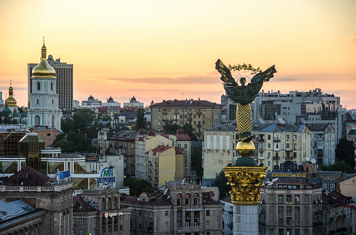 KIEV, UKRAINE 24 AUGUST 2016 - Independence Day of Ukraine in Kiev, central part of Kiev - sunset view from hotel Ukraine to Independence Square (Maidan Nezalezhnosti) in Kiev, Ukraine