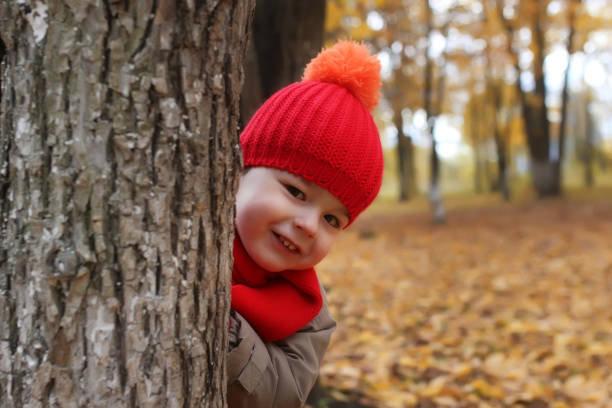 istock kid in autumn park hidden behind tree 853614306