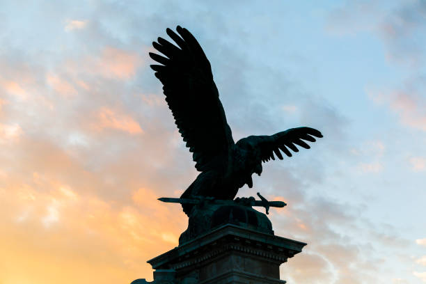 Turul bird in the Royal Castle, Budapest, Hungary. The Turul is a mythological bird of prey, mostly depicted as a hawk or falcon, in Hungarian tradition and a national symbol of modern Hungary. The Turul is used as in the design of coats of arms of the Hungarian Army, the Counter Terrorism Centre and the Office of National Security.