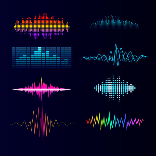 Vector digital music equalizer audio waves design template audio signal visualization signal illustration Vector digital music equalizer audio waves design template audio signal visualization signal illustration. Multitrack editing system soundtrack line bar spectrum electronic. equaliser stock illustrations