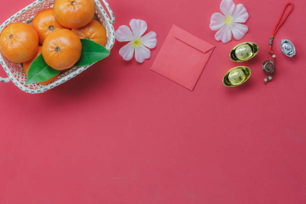 istock Top view of  items for Chinese Happy New Year concept background.Different essential accessory on modern rustic red table home decorations.Mix objects for the festival season.free space design. 853635826