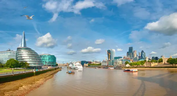 London, South Bank Of The Thames on a bright day. Panoramic image taken from the Tower bridge.
