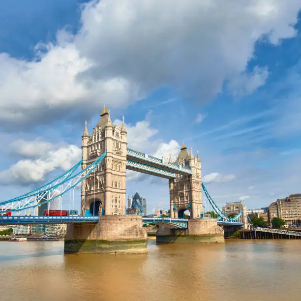 Panoramic image of Tower Bridge in London on a bright sunny day in Autumn with clouds, square composition