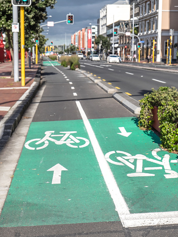 Cycle lanes for bicycles on Quay Street, Auckland CBD, New Zealand, NZ - urban transportation