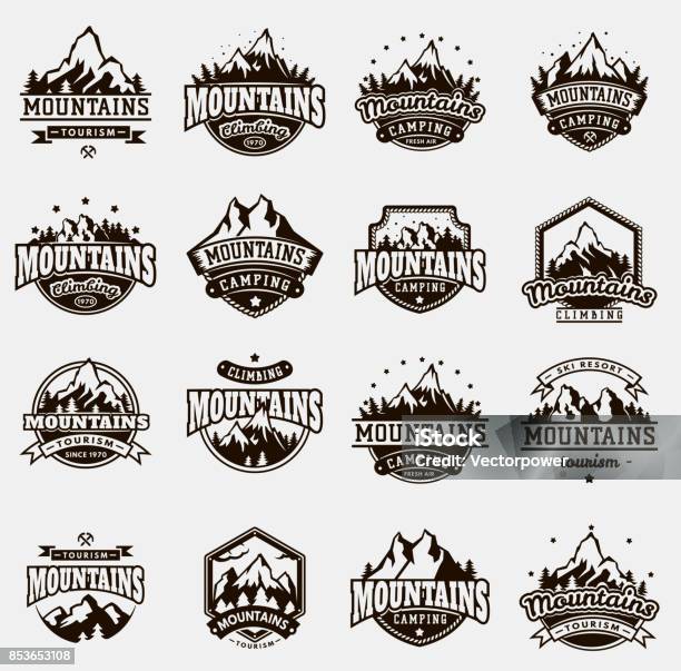 Mountain Nature Travel Outdoor Vector Badge Icons Set Stock Illustration - Download Image Now