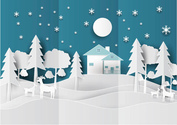 istock Paper art landscape of Christmas with Deer, Tree and House design. vector illustration 853664894