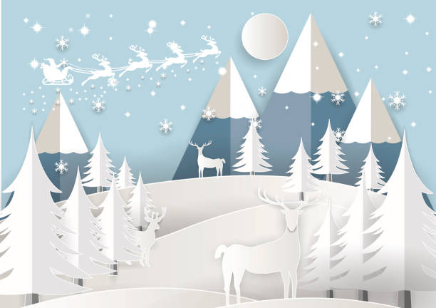 istock Vector Illustration of Santa Claus on the sky with snowflake, deer and tree, paper art and craft style 853665150