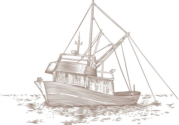 trawler am meer - fischkutter stock-grafiken, -clipart, -cartoons und -symbole