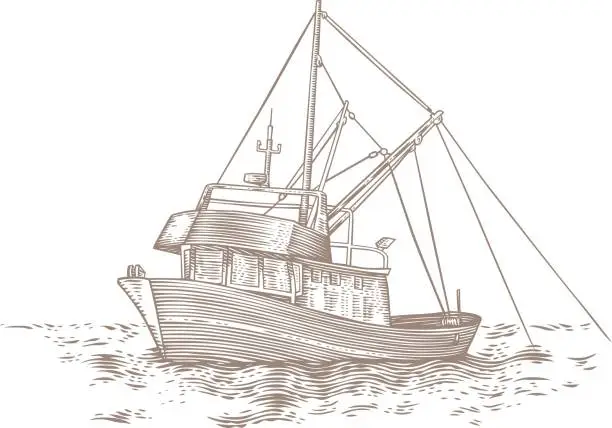 Vector illustration of Trawler at the sea