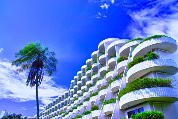 Miyakojima, Okinawa, Japan - Jul 4, 2017: The hotel veranda standing towards the sea of \