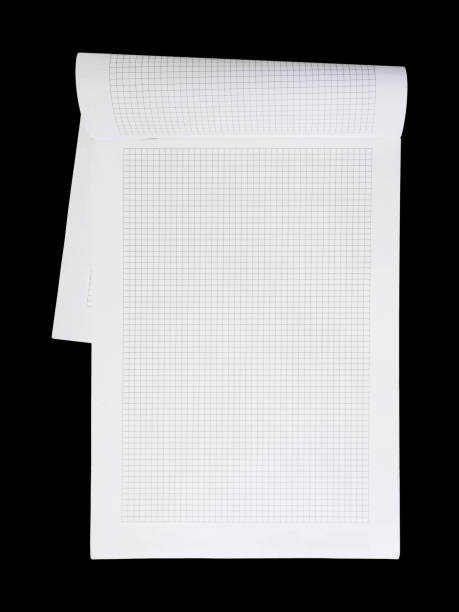 ouvert livre graphique blanc avec ligne noire grille isolée sur fond noir, vue de dessus. - graph paper mesh paper book photos et images de collection