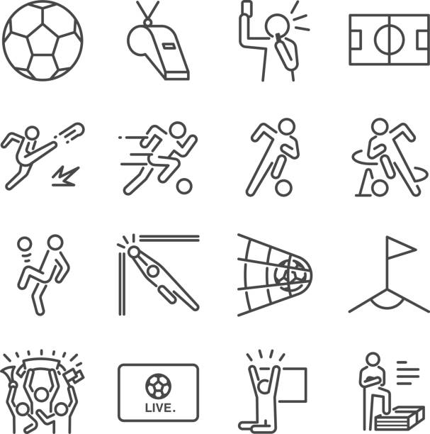 ilustraciones, imágenes clip art, dibujos animados e iconos de stock de conjunto de iconos de la línea de fútbol. incluye los iconos como fútbol, bola, jugador, juego, árbitro, alegría y mucho más. - delantero de fútbol
