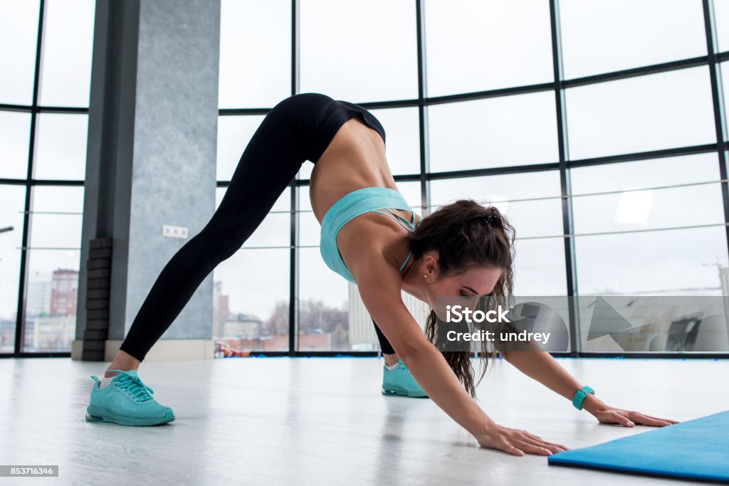 Slim Fit Attractive Brunette Girl Workingout Indoors Performing Yoga  Posture Called Downwardfacing Dog With Panoramic Window In Background -  Fotografias de stock e mais imagens de Adulto - iStock