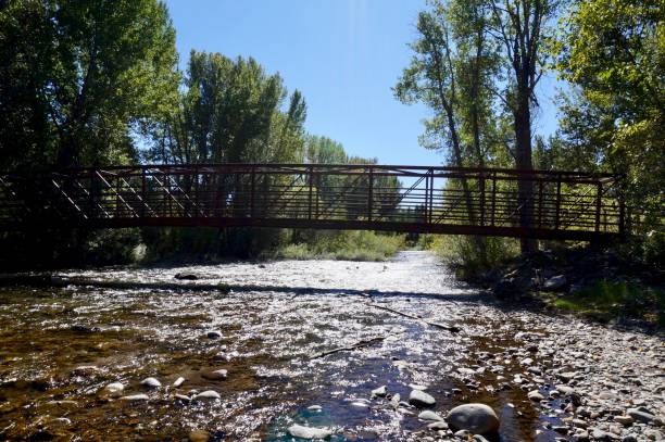 Bridge over the Big Wood River This is a picture of the bridge at the Big Wood National Recreation Trail in the Sawtooth National Forest, three miles north of Ketchum, Idaho.  The bridge was built by the Youth Conservation Corp in 1981.  The bridge allows hikers to remain dry while crossing the Big Wood River.  This recreation area is located in an area known as the Smoky Mountains of Idaho. Sawtooth National Recreation Area stock pictures, royalty-free photos & images