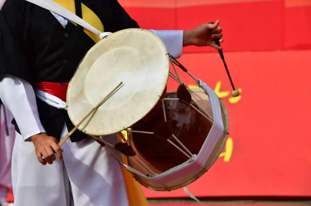 Photo of Korean traditional musical instruments Janggu, double-headed drum with a narrow waist in the middle.