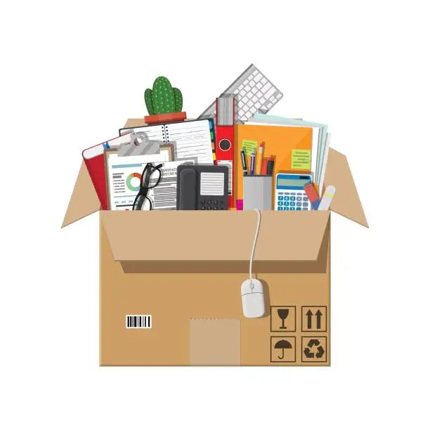 Vector illustration of Moving to new office. Cardboard box