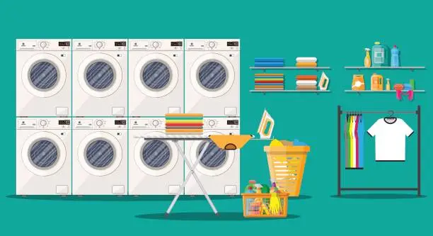 Vector illustration of Laundry room interior with washing machine