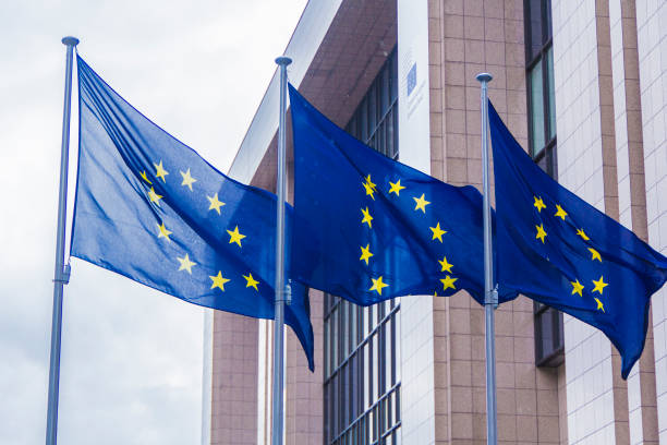 European Union flag at European Commission Headquarters The flags of the European Union at the European Commission's headquarter, the so-called Berlaymont Building in Brussels, Belgium. european court of human rights stock pictures, royalty-free photos & images