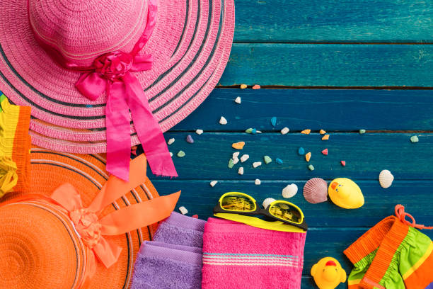 istock Set of summer object on blue plank for background, Object summer concept on blue wooden 853756788