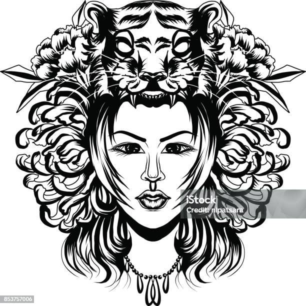 Tiger Helmet With Beautiful Girl Tattoo Stock Illustration - Download Image  Now - Art, Arts Culture and Entertainment, Basket - iStock