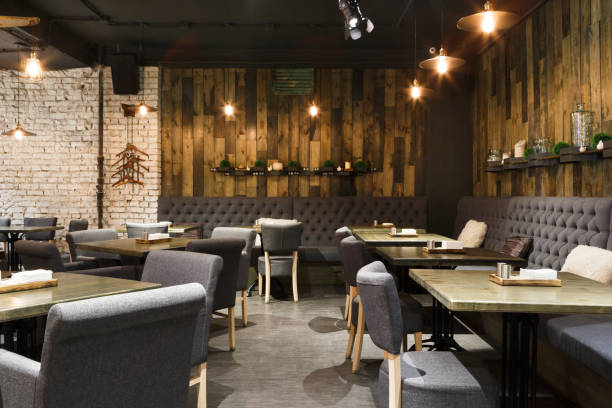 istock Cozy wooden interior of restaurant, copy space 853757460