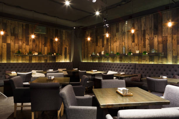 istock Cozy wooden interior of restaurant, copy space 853757642
