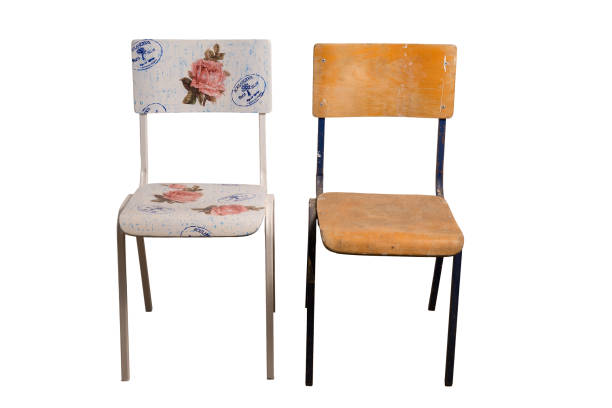 Chair decorated with decoupage technique and an old shabby chair. Old school chair decorated with decoupage technique and classroom chair that is not yet decorated. On decorative stamps, it is written: Bakery, Paris No.12, At the Good Bread, in the French language. decoupage stock pictures, royalty-free photos & images