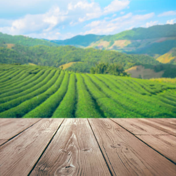 istock wooden table top with blurred tea plantation background 853760910