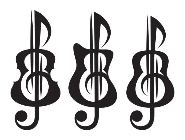 Vector illustration of Different kinds of guitar, violin, treble clef. Vektor set of patterns for logo design.