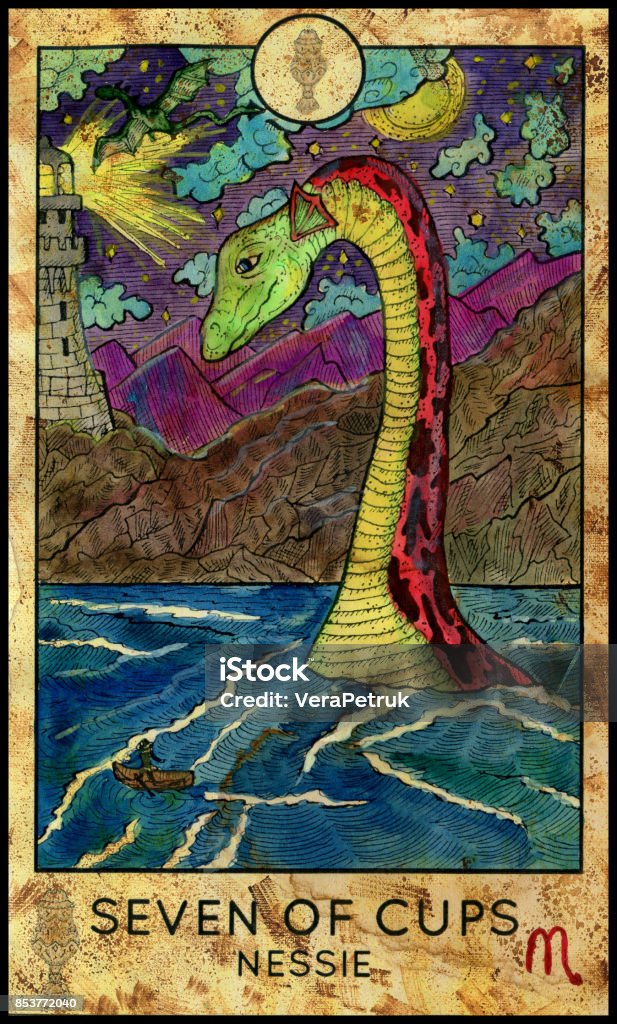 Nessie. Seven of cups Fantasy Creatures Tarot full deck. Minor arcana. Hand drawn graphic illustration, engraved colorful painting with occult symbols Loch Ness Monster stock illustration