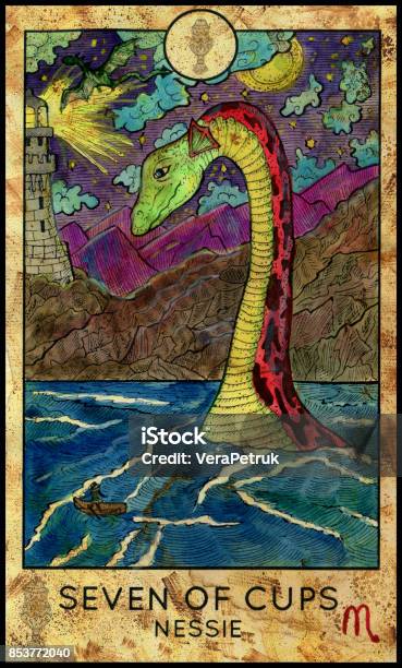 Nessie Seven Of Cups Stock Illustration - Download Image Now - Loch Ness Monster, Drawing - Art Product, Tarot Cards