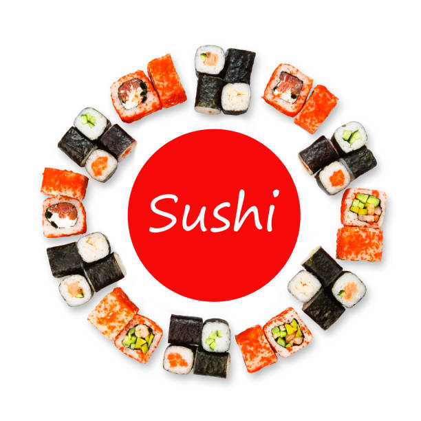 istock Set of sushi, maki and rolls isolated on white background 853773182