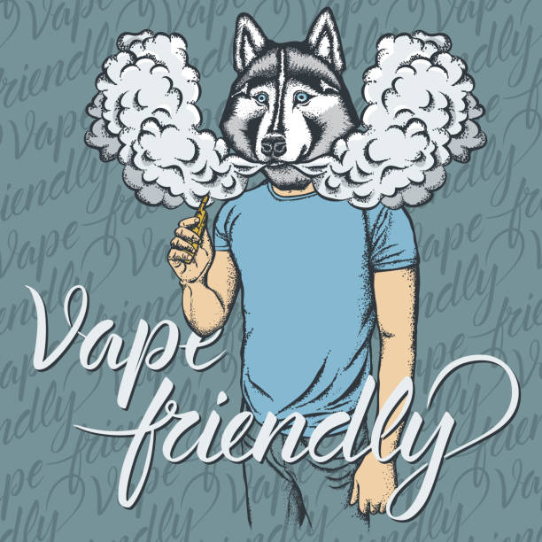 Dog vaping an electronic cigarette Dog vector vape concept. Dog smoking or vaping an electronic cigarette, in human suit. With inscription vape friendly dog marijuana stock illustrations