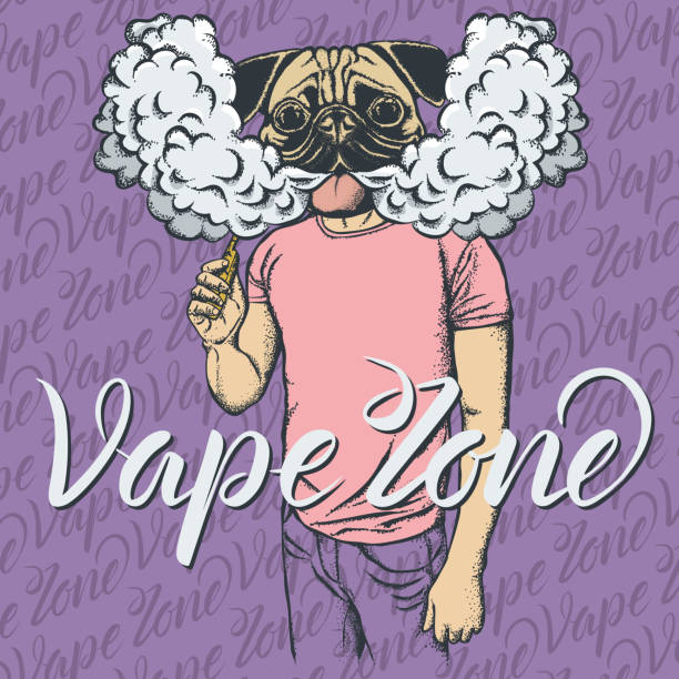 Dog vaping an electronic cigarette Dog vector vape concept. Dog smoking or vaping an electronic cigarette, in human suit. With inscription vape zone dog marijuana stock illustrations