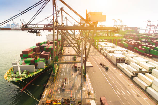 istock Aerial view of cargo dock and Container Ship 853789524