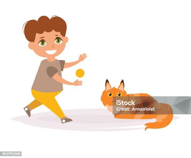 Boy And Cat Maine Coon Breed Stock Illustration - Download Image Now - Animal, Animal Hair, Black Color