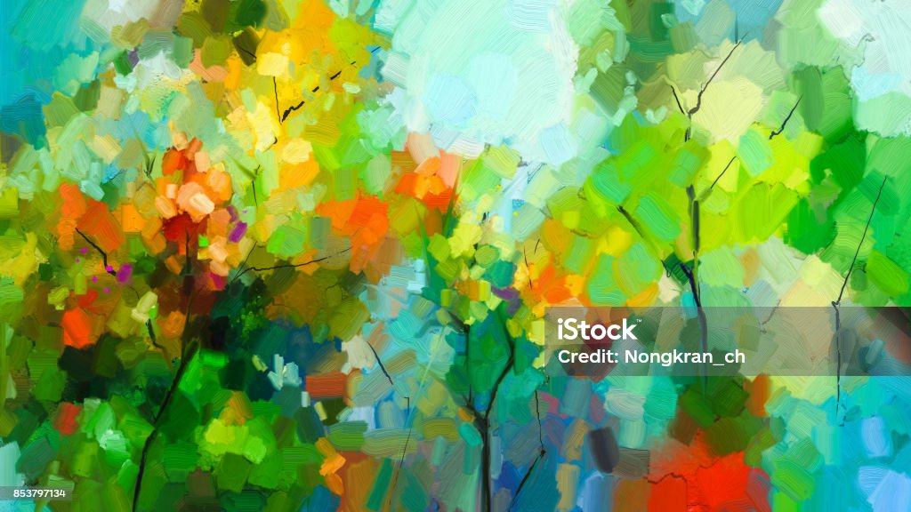 Abstract colorful oil painting landscape on canvas Abstract colorful oil painting landscape on canvas. Semi- abstract of tree in forest. Green and red leaves with blue sky. Spring ,summer season nature background. Hand painted  Impressionist style Abstract Stock Photo