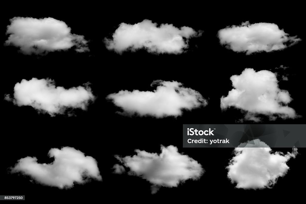 Set of isolated clouds on black White Background Stock Photo